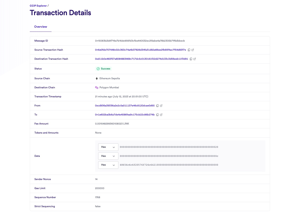 Chainlink CCIP Explorer transaction success